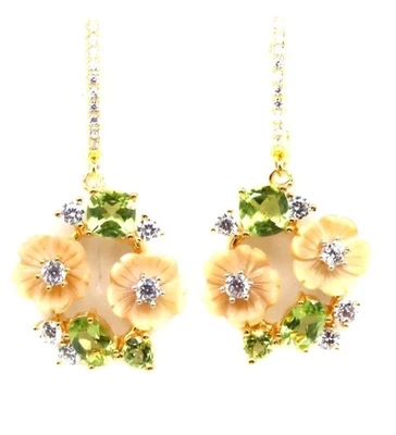 925Silber OHRRINGE HÄNGER Edelsteine Echt Peridot u. Perlmuttblumen,  750Karat V - Bild 1 von 4