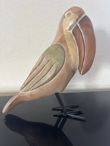 Holz handgeschnitzt Tukan Skulptur Metall Füße tropisch Tiki 11" hoch - Bild 1 von 9