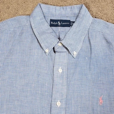 Ralph Lauren Linen Shirt Mens XL Blue White Gingham Pink Pony Short Sleeve - Image 1 of 4