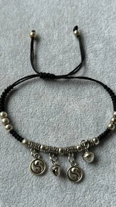 Corded bracelet with silver tone Ying & Yang/bell charms adjustable boho style - Picture 1 of 3