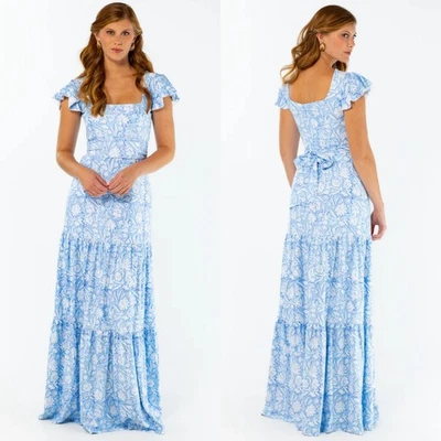 Vestido SMITH & QUINN Isabella XXL Azul Floral Cuello Cuadrado Cintura Imperio Maxi *LEER Foto 1 de 4