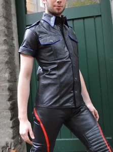 AWANSTAR Neu Lederhemd mit Blauen Biesen, Nappa leder Hemd,chemise en cuir Jacke - Picture 1 of 2