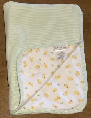 Carters Baby Blanket Chick Yellow Duck Green Stripe Cotton Just One Year - Image 1 of 4