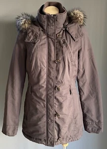 ESPRIT Brown Warm Jacket Size 12 Faux Fur Trim Hoody Zip & Button Front Pockets - Picture 1 of 15