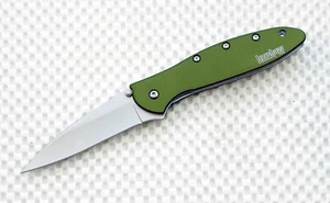 1660OL Kershaw Leek Pocket Knife plain Blade Flag Logo Olive scale Blem assisted - Picture 1 of 3