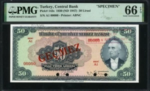 Turkey 1930 (  1947  ) 50 Lira P143s Specimen PMG 66 EPQ GEM UNC - Picture 1 of 2