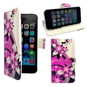 CASE FOR APPLE IPHONE 4 4S PINK AND CREAM FLOWER PRINT DESIGN PU LEATHER WALLET - Picture 1 of 6