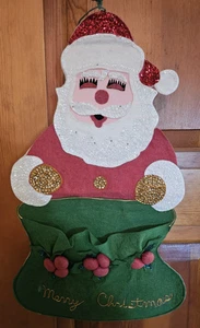 Vintage Sequin and Felt Handsewn Santa Claus Christmas Card Holder Wall Hanging - Picture 1 of 10