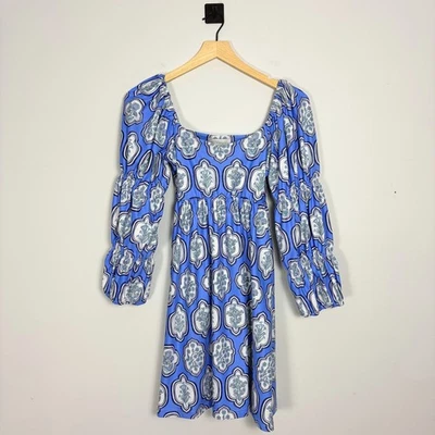 Mini Vestido SMITH & QUINN Gretta Azul Estampado Floral Cuello Cuadrado Manga Abullonada XS Foto 1 de 4