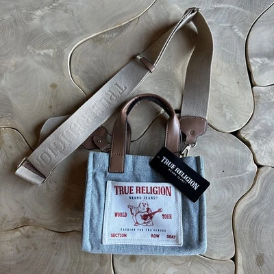 True Religion Denim Mini Tote Bag light Blue Crossbody Strap Buddha - Image 1 of 4