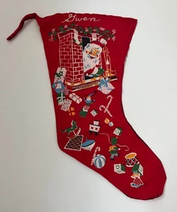 Vtg MCM Cotton Christmas Stocking Red Blue-eyed Santa Chimney Toys GWEN - Picture 1 of 5