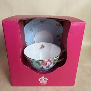 Royal Albert Pink Rose Polka Blue Teacup & Saucer Set New in Box - Picture 1 of 6