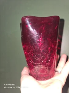 Vintage MCM Blenko Crimped Ruby Red Crackle Glass Vase 5 1/4 In Tall - Picture 1 of 7