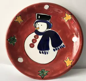 Gibson Housewares Christmas Dessert Plate Red with Snowman Stars & Snowballs 8" - Picture 1 of 8