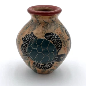 Art Pottery Nicaragua Vase Fish Turtle 4” Tall - Picture 1 of 11