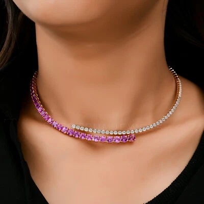 Pink Sapphire H/SI Diamond Choker Necklace Gift 18k Rose Solid Gold 16.72 Tcw - Image 1 of 4