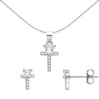 Silver Jewelco London Love Heart T Cross Earrings Necklace Set