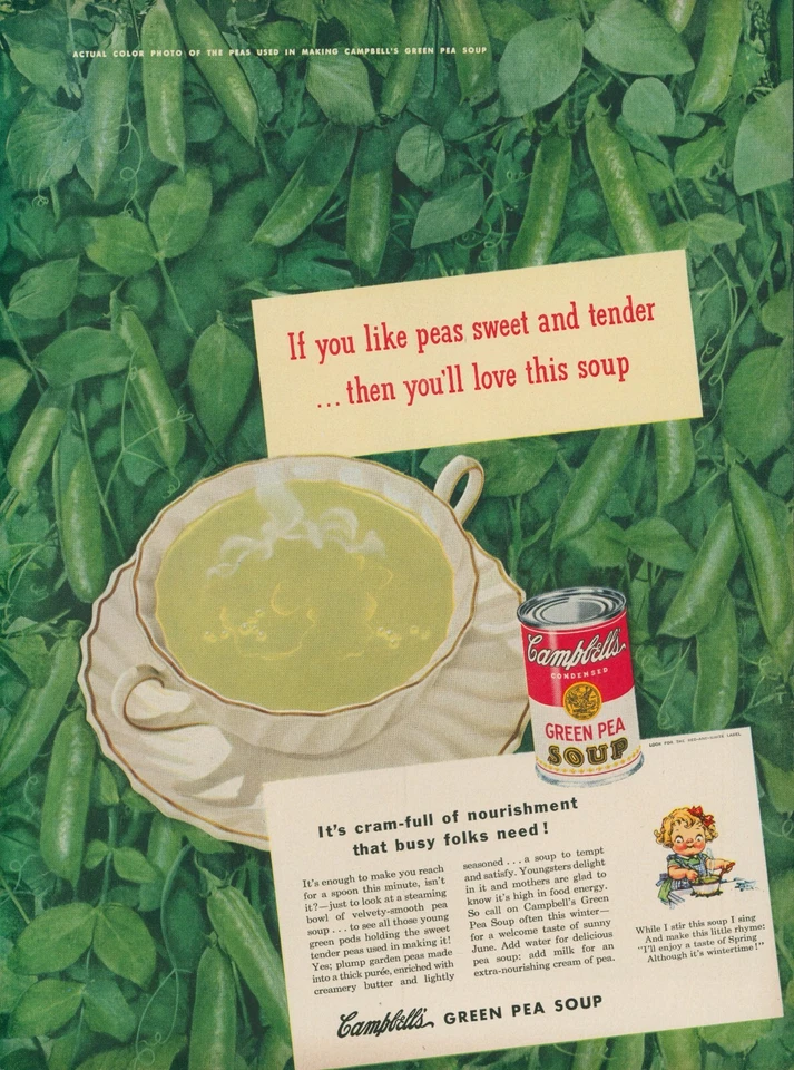 1948 Campbells sopa de ervilha verde criança porcelana tigela pires cápsulas impressão vintage anúncio L13 - Imagem 1 de 1