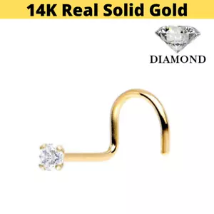 20G Real Diamond SOLID 14K YELLOW GOLD PRONG SET NOSE SCREW BEND RING STUD - Picture 1 of 3