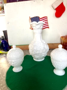 FENTON RARE MILK GLASS IMPERIAL LOGANBERRY VASE & AVON MILK GLASS 3 PCS. - Picture 1 of 7