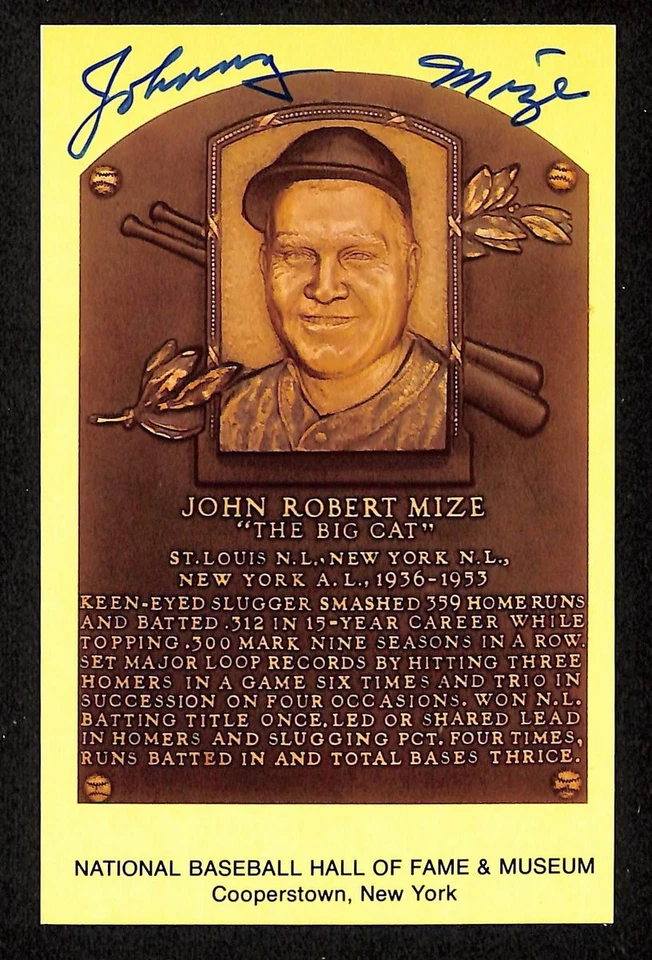 Tarjeta postal de placa dorada firmada/autografiada por Johnny Mize New York Yankees 199254 Foto 1 de 1