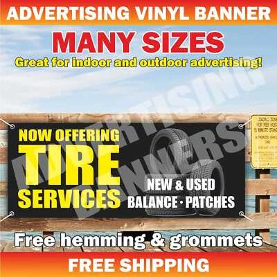 AHORA OFRECIENDO SERVICIOS DE NEUMÁTICOS Banner Publicitario Vinilo Malla Letrero Neumáticos Auto Reparación Foto 1 de 4