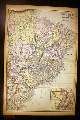 Brazil Paraguay Antique Color Map 1901 Cram's 14½" x 22" South America - Image 1 of 3