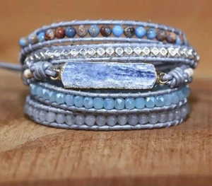 Leather Wrap Bracelet Boho Jasper,Aquamarine,Blue Topaz,Agate 5 Strands 109 - Picture 1 of 4