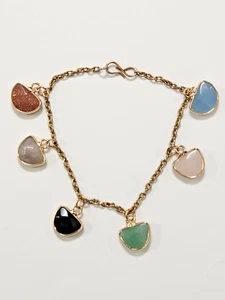 Goldtone Chain Bracelet 6 Natural Stone Half Moon Charms Goldstone Rose Quartz - Picture 1 of 6