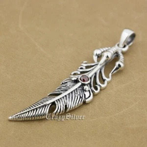 Ciondolo piuma artiglio argento sterling 925 zirconi rossi gioielli punk 9S025C - Foto 1 di 5