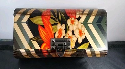 Designer Floral Chevron Hand Made Wooden Shoulder Purse Clutch By Kema Kreations - Image 1 of 4