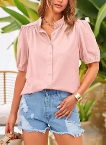 Women's Summer Button Down Shirts Short Lantern Sleeve V Neck Cotton Blouses - Picture 1 of 13