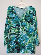 Premise Green Watercolor Print Roll-Up Sleeve 1/2 Button Tunic Top EUC SZ: S