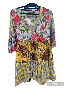Dress Addict LARGE Batik Look Tiered Swing Tropical A-Line Ruffle NEW Dress - Picture 1 of 1