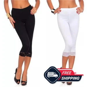 Womens 3/4 Lace Leggings Ladies Cropped Elasticated Stretch Viscose UK Size 8-22 - Picture 1 of 5