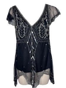 Top de noche manga corta adornado transparente con cuentas lentejuelas negras vintage SCALA S - Imagen 1 de 11