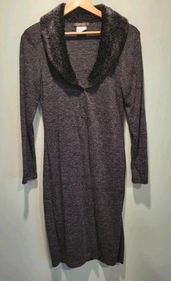 Gray Black Faux Fur Collar Lightweight Long Cardigan Sweater Sz M Mobwife  - Imagem 1 de 4