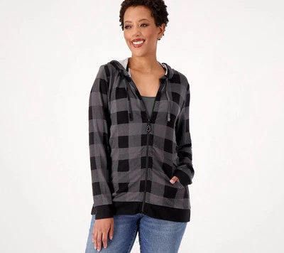 Moletom com capuz Quacker Factory malha macia xadrez búfalo strass tamanho G preto NOVO - Imagem 1 de 4