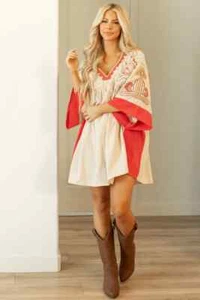 Veveret Embroidered Mini V-Neck Dress Women’s Mini Dress Boho Babydoll NWT Small - Picture 1 of 21