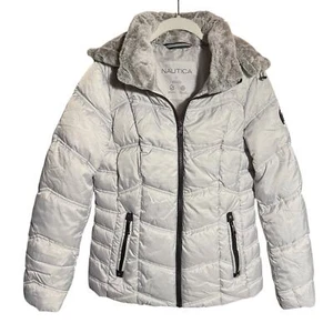 Nautica Women’s Lt Gray/Black w/Faux Fur Hooded Puffer Jacket Detachable Hood M - Picture 1 of 13