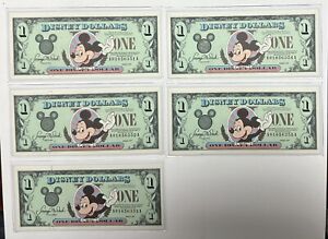 Lot (5) 1999 Disney $1 Mickey Uncirculated Notes ~ Conservative Serial #’s