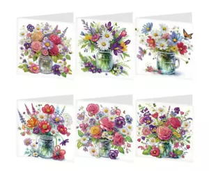 6pcs DIY Colourful Summer Flowers Greeting Cards Diamond Art Kit - Picture 1 of 10