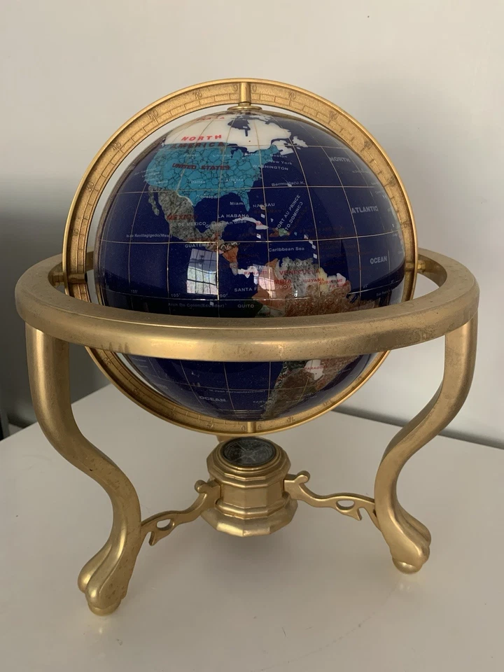 Piedra preciosa globo mundial 14" trípode soporte dorado brújula cuarzo azul lapislázuli océano Foto 1 de 4