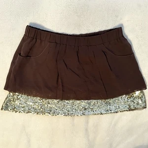 Patrizia Pepe 100% Silk Brown Ultra Mini Skirt S Gold Sequin Hem Pockets RARE - Picture 1 of 8