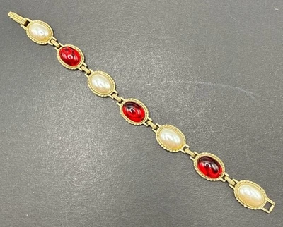 "Pulsera 1928 cabujón rojo imitación perla 7"" C31" Foto 1 de 4