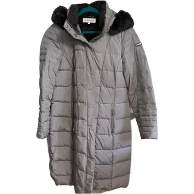 Abrigo largo acolchado con capucha Calvin Klein gris relleno de plumón de pato forro de piel sintética P XL Foto 1 de 4