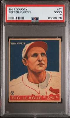 1933 Goudey #62 Pepper Martin PSA 2 RC Rookie Cardinals  (8626) - Image 1 of 2