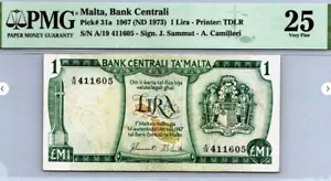 Malta 1 Lira 1967 PMG 25 VF P-31a + Gift MAAA - Picture 1 of 3