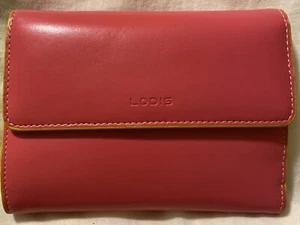 4"x5.5" LODIS PINK / YELLOW GENUINE LEATHER ID CARD COIN CLUTCH WALLET PURSE EUC - Picture 1 of 10