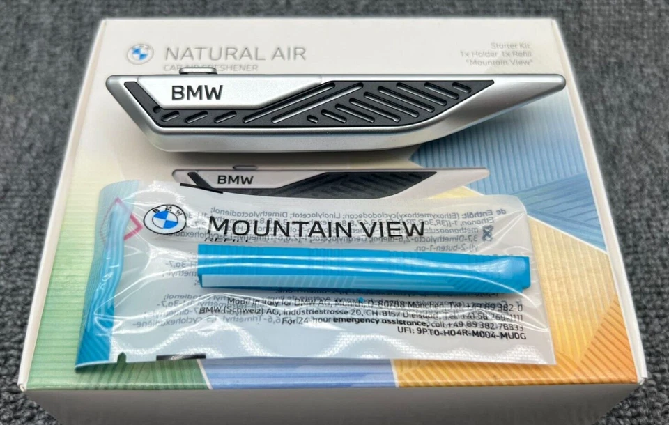 BMW NATURAL AIR SILVER CAR FRESHENER MOUNTAIN VIEW STARTER KIT *FREE 3 REFILL* - image 1 of 3